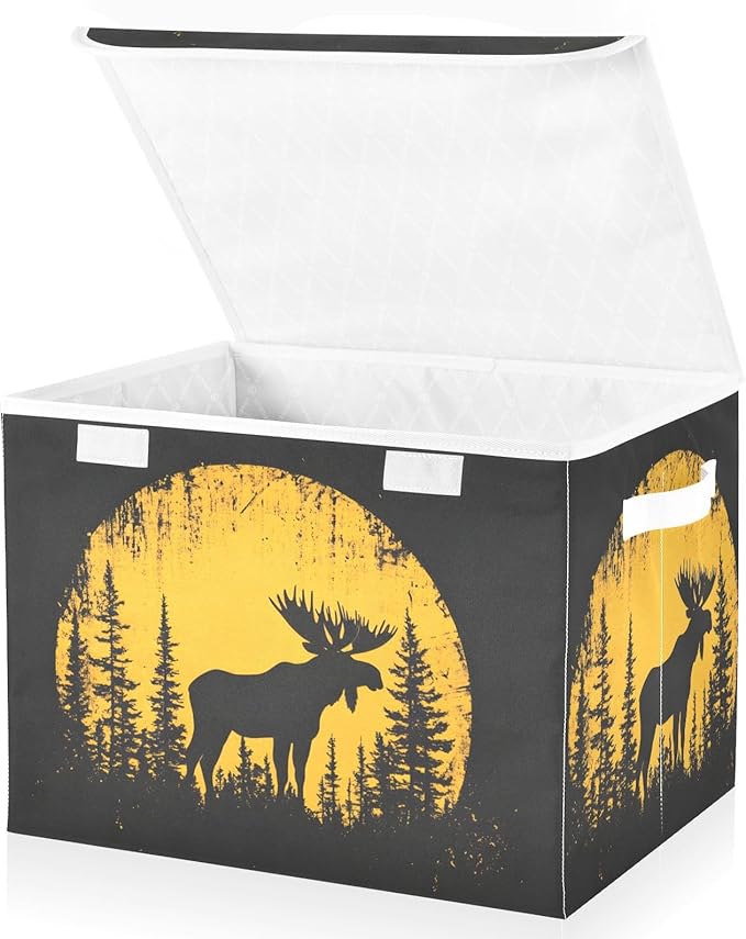 Storage Cube with Lid Moose Silhouettes Print 16.5×12.6×11.8 IN Collapsible Large Capacity Foldable Storage Basket Bin Organizer