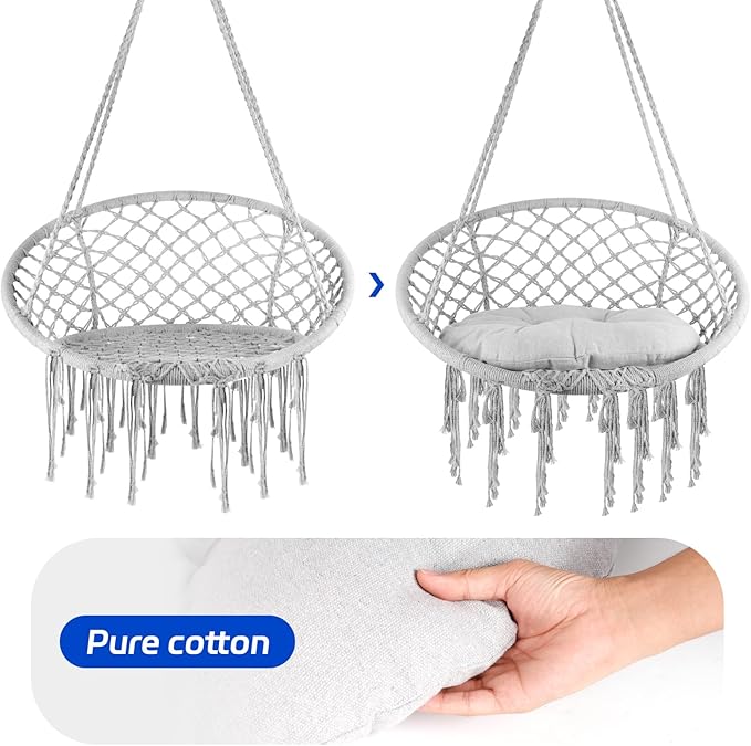 Hammock Chair Swing Cotton Rope Handwoven Hanging Chair 330 Pounds Capacity Tassels Hammock Swing for C-Hammock Stand Living Room Yard Garden Balcony (Grey)