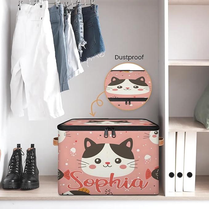 Custom Storage Basket with Name Personalized Storage Bins with Zipper Lid Foldable Fabric Storage Box Large capacity with Handle Cat Pink