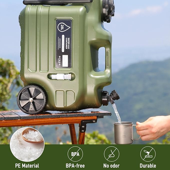7.4 Gallon Water Jug 28L Portable Water Container with Wheel &amp Pull Handl Spigot Cleaning Brush Detachable Hose &amp Extra Lid BPA-Free Camping Hydration Canteen Outdoor Tank Storage PE - G