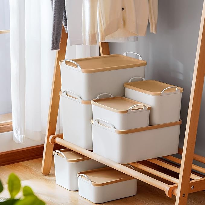 ANMINY 5PCS Plastic Storage Bins Containers with Lids Large Storage Organization Bins Boxes Lidded Plastic Storage Baskets for Closet Shelves Desktop Wheat Lids 2M + 3S