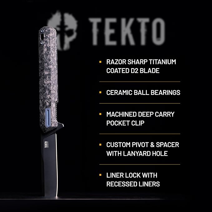 TEKTO F2 Bravo Folding Pocket Knife - D2 Steel Blade Ceramic Ball Bearings - EDC - Snap Swift Flip for Camping Backpacking - 2.4oz (68g) G10 Forged Carbon Handle Blue Titanium Accents