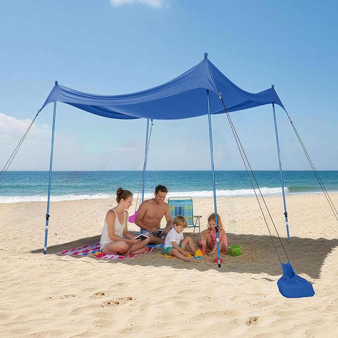 CROWN SHADES 7x7 Beach Tent Sun Shelter Easy Pop Up Beach Canopy Shade Portable Outdoor Carpas UPF50+ Includes 4 Poles Adjustable Aluminium Extra-Large Big Sand Shovel Blue