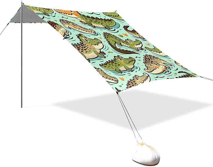 Cartoon Crocodiles Beach Tent Sun Shelter Set UPF50+ UV Protection 10.5 x 9.19 FT Camping Shade Canopy with Sandbags Sand Anchors Carrying Bag and Others