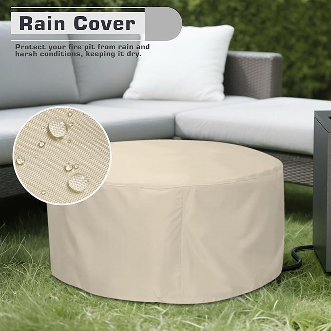 2-Piece 30 LED Round Propane Fire Pit for Outside Patio with Hidden Tank Table 50000 BTU Fireplaces with Lid Glass Rocks Cover(Dark Grey w/Golden Light)