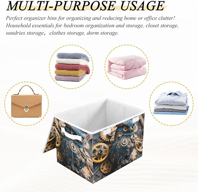 Storage Cube with Lid Steampunk Owl Print 16.5×12.6×11.8 IN Collapsible Large Capacity Foldable Storage Basket Bin Organizer