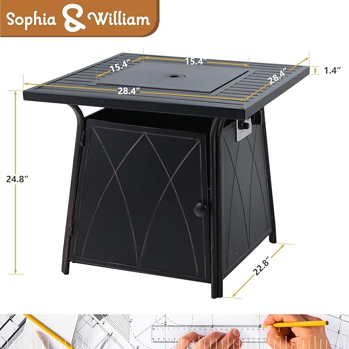 Sophia &amp William Gas Fire Pit Table 28 Inch 50000BTU Square Outdoor Propane FirePits 2 in 1 Auto-Ignition Patio Fireplace for Outside with Lid and Blue Fire Glass Black