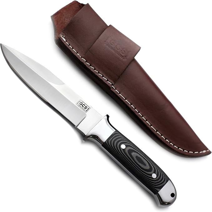 GCS Handmade D2 Steel Hunting Knife with Black And White Micarta with Steel Bolsters Handle Full Tang Blade and Leather Sheath for Hunting Hunting Camping Survival EDC-GCS 940