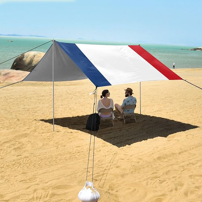 France Flag Foldable Beach Canopy UPF50 Easy Setup Shade Sun Shelter with Sandbags Sand Shovel Poles for Camping Picnics Backyard