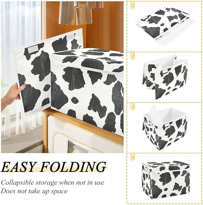 Collapsible Storage Bins with Lids Decorative Fabric Storage Cubes Closet Organizer and Storage Basket Boxes Containers for Clothes Box Chest Nursery Folding Rectangle Classic Cow Print