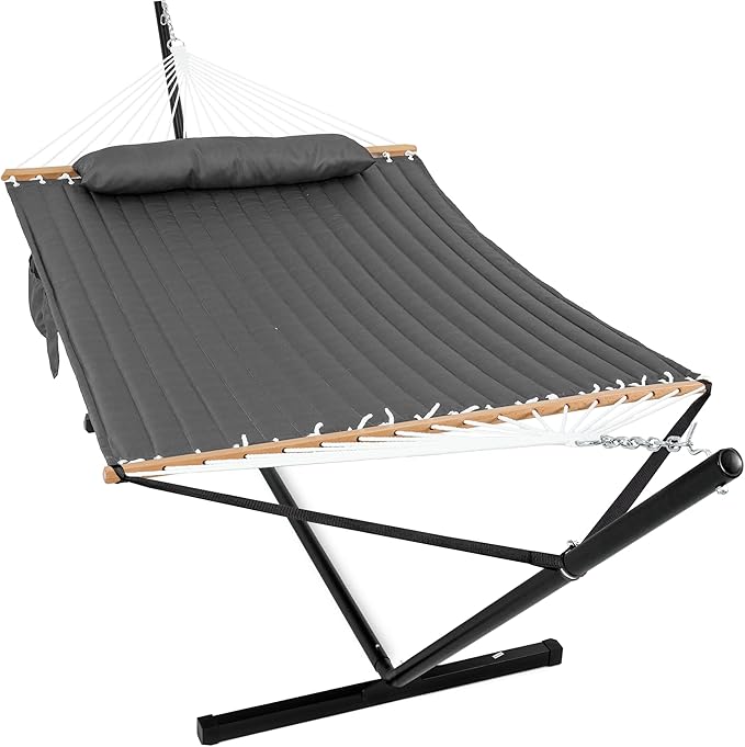 GAFETE 2 Person Hammock with Stand for Outside Heavy Duty Steel Stand 55inch Double Hammocks Large Removable Pillow Storage Bags Max 475 lbs Capacity (Haze Gray)