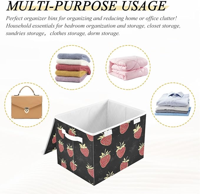 Storage Cube with Lid Cartoon Strawberry Print 16.5×12.6×11.8 IN 1 Pack Collapsible Large Capacity Foldable Storage Basket Bin Organizer