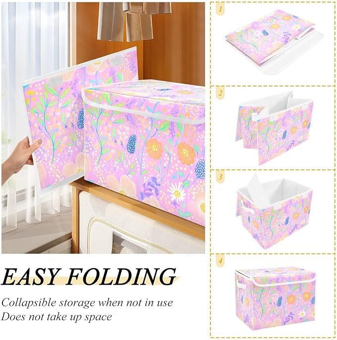 AIXIWAWA Lidded Storage Cube (Cartoon Florals) Fabric Foldable Closet Bins with Flip Lid and Handles Organizer Basket Container 16.5 x 12.6 x 11.8 IN