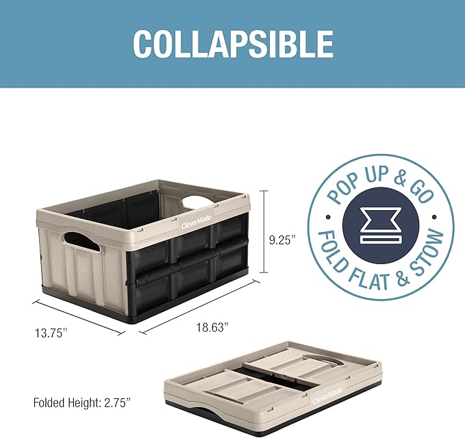 CleverMade Collapsible Storage Bins - Tan 3 Pack 32L - Stackable Containers Heavy Duty Capacity Folding Crates - Space-Saving for Home