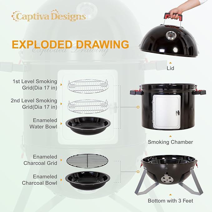 Captiva Designs 18-inch Vertical Charcoal Smoker Grill with Porcelain-Enameled Smoking Chamber Wood Mountain Smoker for Meat Turkey and BBQ with Built-in Thermometer