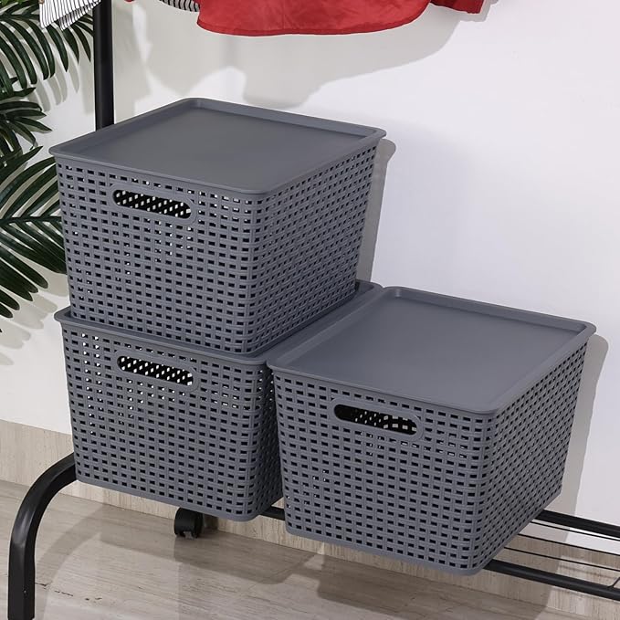 6 Pack Plastic Storage Bins with Lids Stackable Storage Baskets with Handles Large Organizer Bins for Desk Shelves Office Plastic Container Bins for Pantry Organizers and Storage Grey