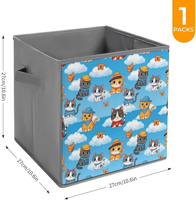 Foldable Storage Cube with Handles Cute Cats Sturdy Collapsible Organizer Bin for Heavy Items like Books &amp Tools Reinforced Sides for Durability