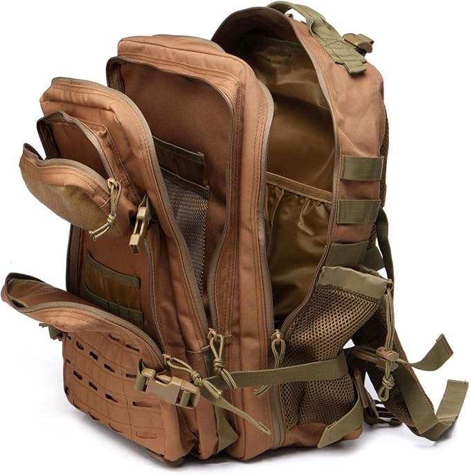 50L Tactical Military Backpack Waterproof Sturdy Bag for Hiking Camping Fishing Gym Backpack with Bottle Holder (Khaki)