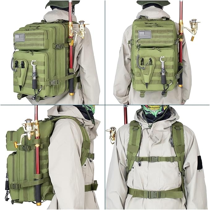 45L Fishing Hunting Bag Tactical Backpack Men's Travel Large Capacity Rucksacks Men Waterproof Outdoor(Khaki)