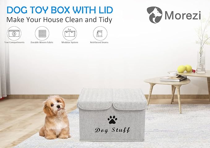 Dog toy box with lid dog storage organizer perfect basket for dog toys living room playroom closet home organization and storage - Gray Stripe