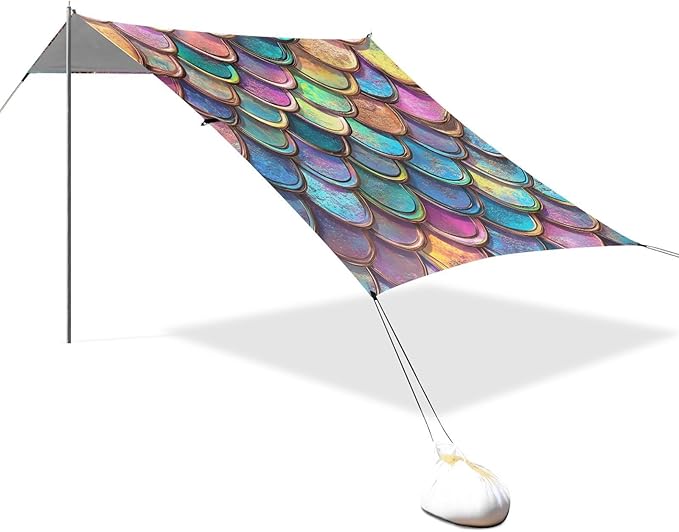 ALAZA Gradient Mermaid Scales Beach Tent Sun Shelter UPF50+ Protection Beach Shade Canopy w/ 4 Sandbags for Outdoor Camping Fishing Backyard Fun Picnic 10x9 ft