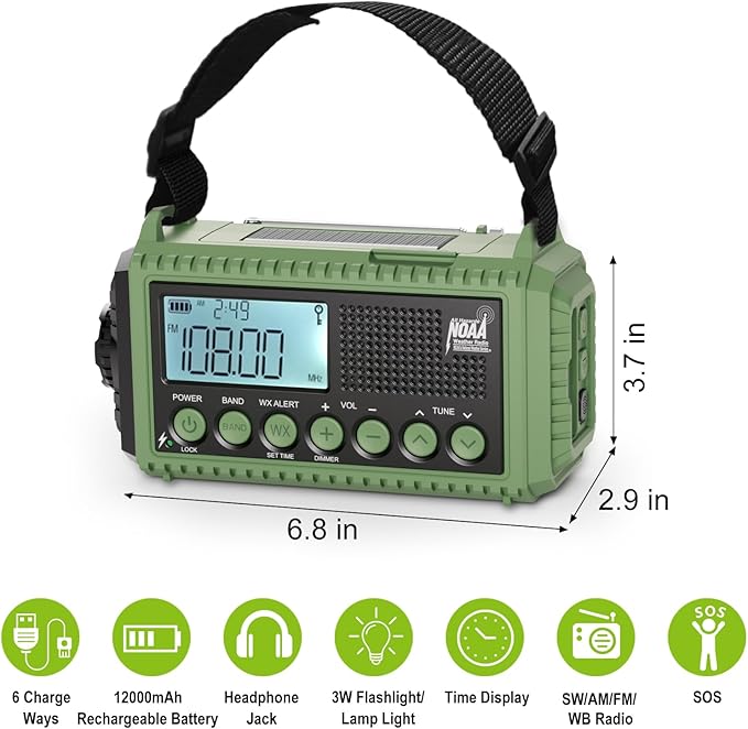 Raynic Emergency Radio 12000mAh/44400mWh Battery Operated Weather Radio Solar Hand Crank Radio with AM/FM/SW/NOAA Alert Cell Phone Charger Type-C Charging Flashlight and SOS Siren