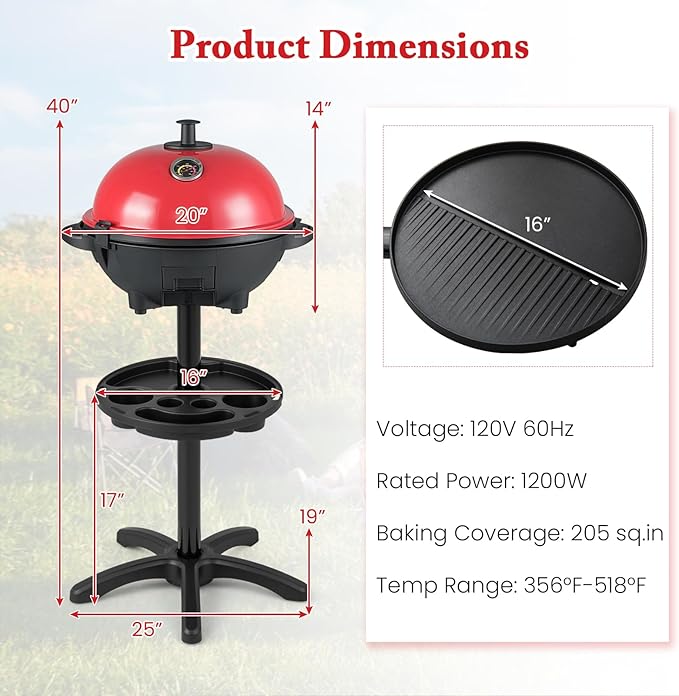 1200W Electric Grill Outdoor 2-in-1 Freestanding &amp Tabletop BBQ Grill w/Thermometer Nonstick Griddle Lid &amp Drip Tray Portable Camping Grill for Patio Backyard Party (Red)