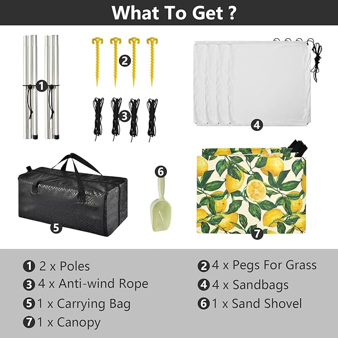 ALAZA Lemon Leaves Beach Tent Sun Shelter UPF50+ Protection Beach Shade Canopy w/ 4 Sandbags for Outdoor Camping Fishing Backyard Fun Picnic 10x9 ft