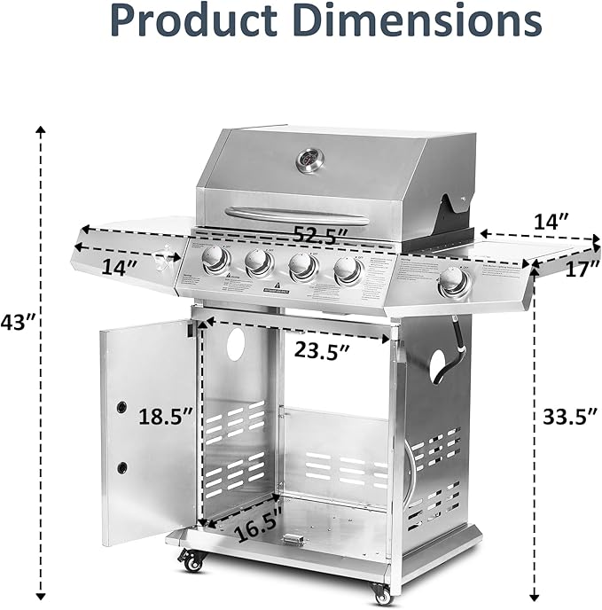 Polar Aurora Propane Gas Grill 4 Burners with Side Burner Stainless Steel Grill Cart with Wheels for Outdoor Patio Garden Backyard Cooking bbq Grill