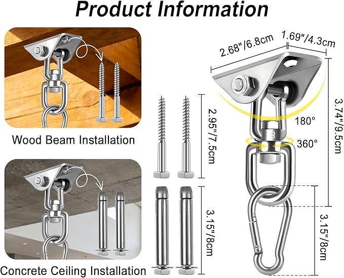 Yose Porch Swing Hanging Kit Heavy Duty 2000lbs Stainless Steel Easy to Install Swing Hardware with Ceiling Hooks Hammock Hooks for Indoor Outdoor Patio Garage