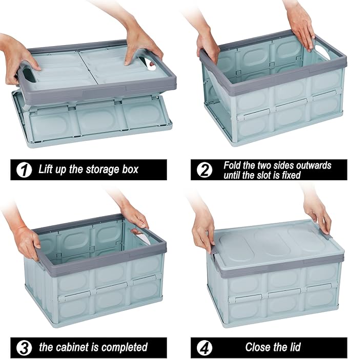 Phyllia Foldable Storage Boxes with Lidsz 3 Pack Collapsible Plastic Storage Bins Organizer Containers Baskets Cub with CoverStackable Utility Crates Storage Box (Blue 30L)