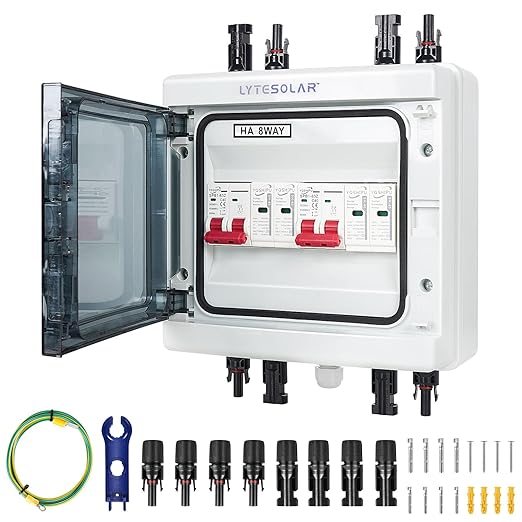 2 String 500V PV Combiner Box 2 in 2 Out Dual String 63A DC Circuit Breaker with Solar Disconnect Function Surge Protection IP65 Weather-Resistant Enclosure