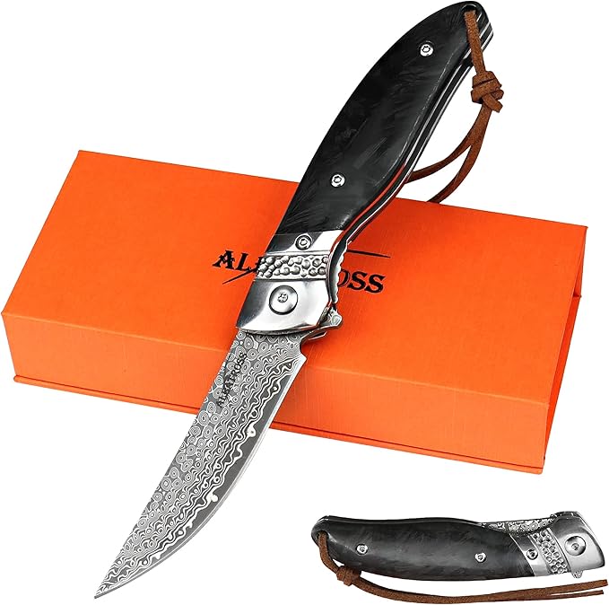 ALBATROSS Premium Damascus Folding Knife - EDC Pocket Knife with VG10 Damascus Steel Blade Quick Flip Assisted Opening Luminous Carbon Fiber Handle &amp Liner Lock - Great Gift for Outdoorsmen - HG