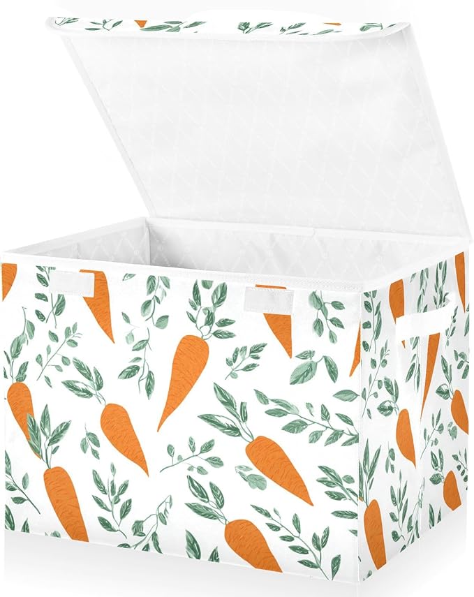 White Carrots Easter Storage Box with Lid 1 PC Foldable Storage Bin with Lids Stackable Storage Bins Cube Closet Organizer Basket with Flip-Top Lid &amp Handles for Shoes Books Towels