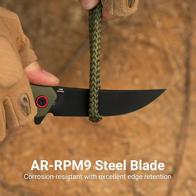CJRB Tactical Knife Small Folding Pocket Knife with AR-RPM9 Steel Blade and G10 Handle for Men Outdoor Survival Hunting Camping Gobi(J1906B) Green