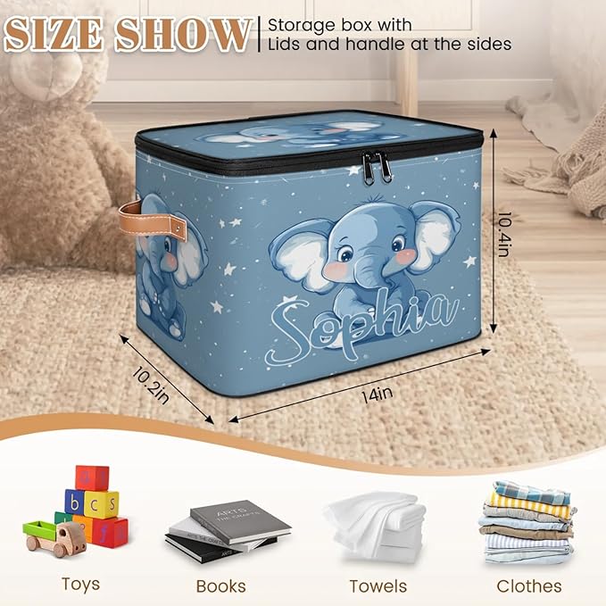 Custom Storage Basket with Name Personalized Storage Bins with Zipper Lid Foldable Fabric Storage Box Large capacity with Handle Elephant Star Blue