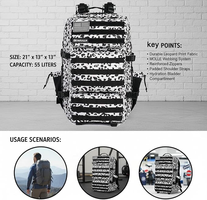 Military Tactical Backpack 55L for Men &amp Women Bug Out Bag Assault pack Molle Daypack Hiking Trekking Rucksack (Leopard print color)