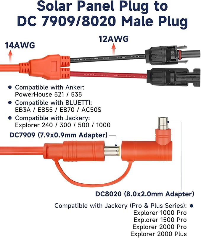 20FT Solar Connector to DC 8mm Adapter Cable 12AWG+14AWG Tinned Copper - DC7909/DC8020 Charging Cable for Portable Power Station Solar Panel RV