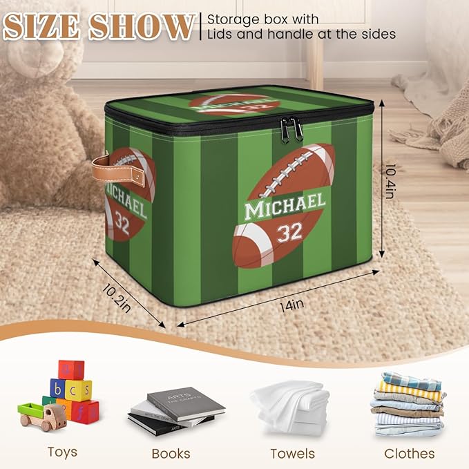 Custom Storage Bins with Zipper Lid Football Personalized Foldable Storage Baskets Green Stripes Closet Shelf Clothes Organizer Cube with PU Leather Handles