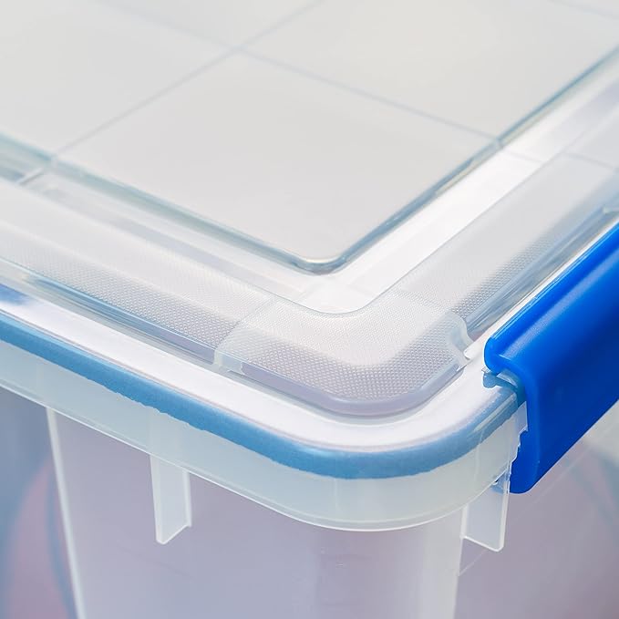 IRIS USA WeatherPro 74 Qt Storage Bins with Lids 3 Pack BPA-Free Plastic Gasket Box with Tight Latch and Seal Stackable Nestable Tote Tub - Clear/Blue