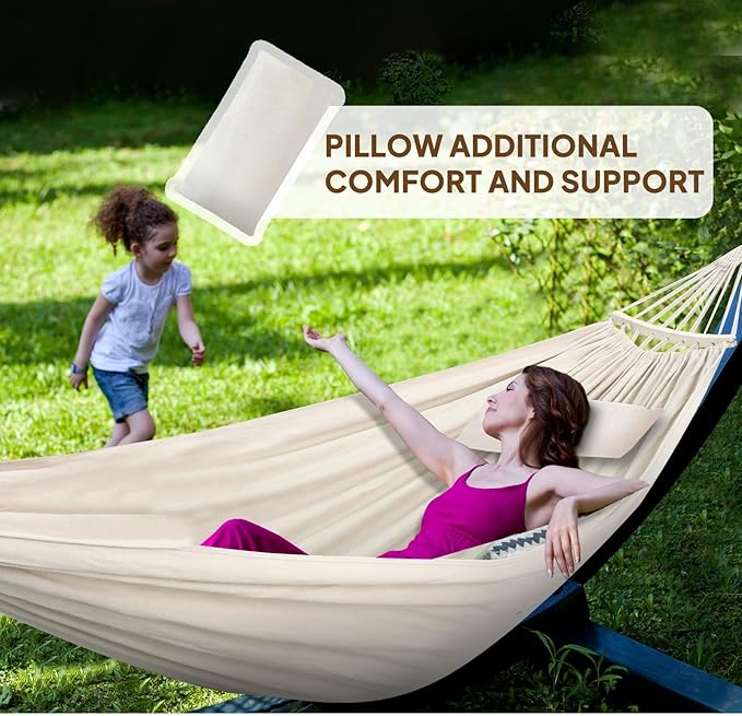 Chihee Cotton Hammock Holds Up to 660lbs Fabric Hammock 8.9x4.9ft Soft Portable Tree Hammocks Camping with Detachable Spreader Bar Pillow 2 Strong Webbings 2 Carabiners Indoor Outdoor Backyard Garden