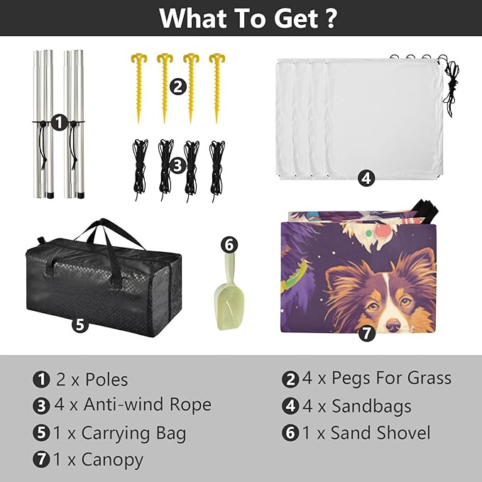 Cute Sheepdog Dogs Beach Tent UPF50+ Lightweight Sun Shelter Includes Sand Shovel Sandbags Stability Poles for Camping Fishing Backyard Fun