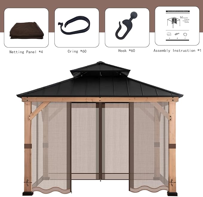 Gazebo Mosquito Netting Universal Replacement 4-Panel Sidewalls with Double Zippers for Patio Backyard Deck and Lawn 10x10 ft (Brown 10 * 12ft)