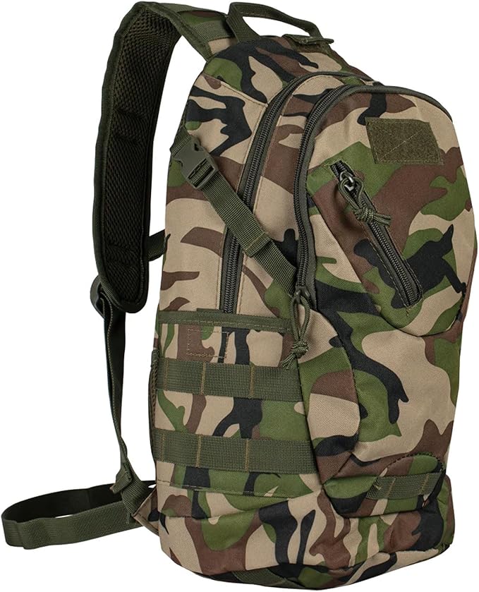 FOX OUTDOOR PRODUCTS Scout MOLLE Day Pack | Compact 20L Tactical Backpack with Hydration Sleeve for EDC Hiking &amp Outdoor Use Woodland Camo