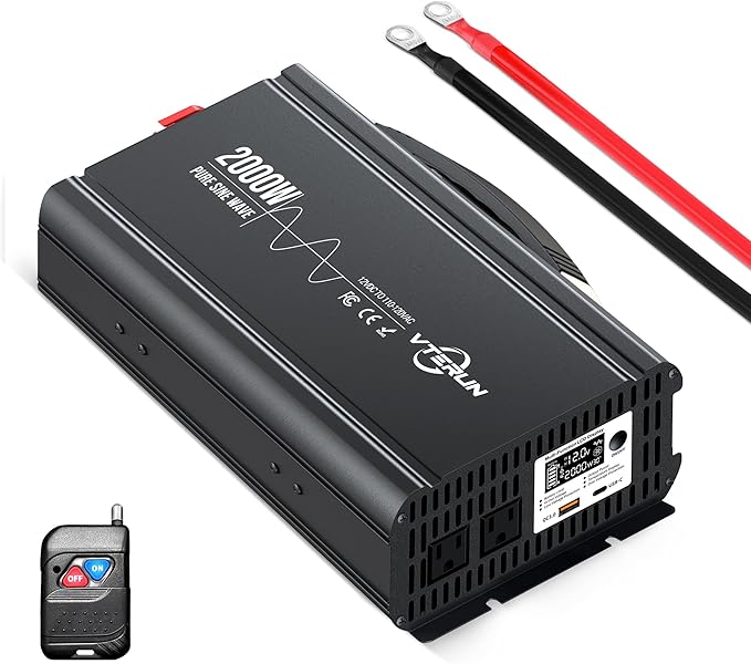 2000W Pure Sine Wave Inverter 12V DC to 110-120V AC Efficient Energy Converter for Home RV Use with APP Wireless Remote Control with USB C Ports