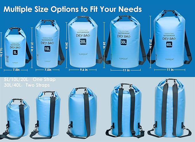YUMQUA Dry Bags Waterproof 5L/10L/20L/30L/40L for Women &amp Men Roll Top Floating Dry Bag Waterproof Storage Bag for Kayaking Boating Swimming Beach Paddle Board Hiking Fishing and Travel
