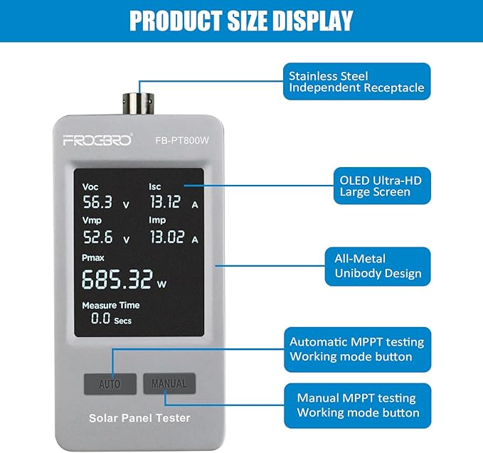 FrogBro 800W Solar Panel Tester – PV Multimeter with Smart MPPT &amp HD OLED Display for Solar Panel Diagnostics and Data Analysis