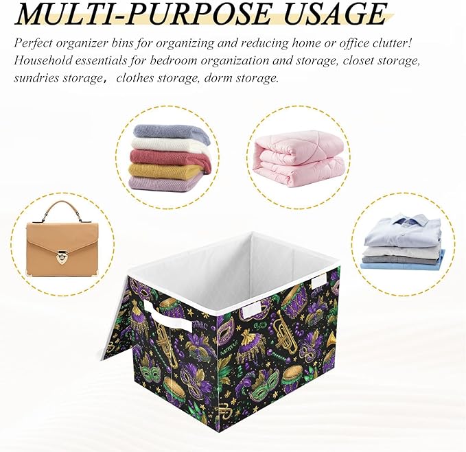 Mardi Gras Masks Black Storage Box with Lid 1 PC Foldable Storage Bin with Lids Stackable Storage Bins Cube Closet Organizer Basket with Flip-Top Lid &amp Handles for Shoes Books Towels