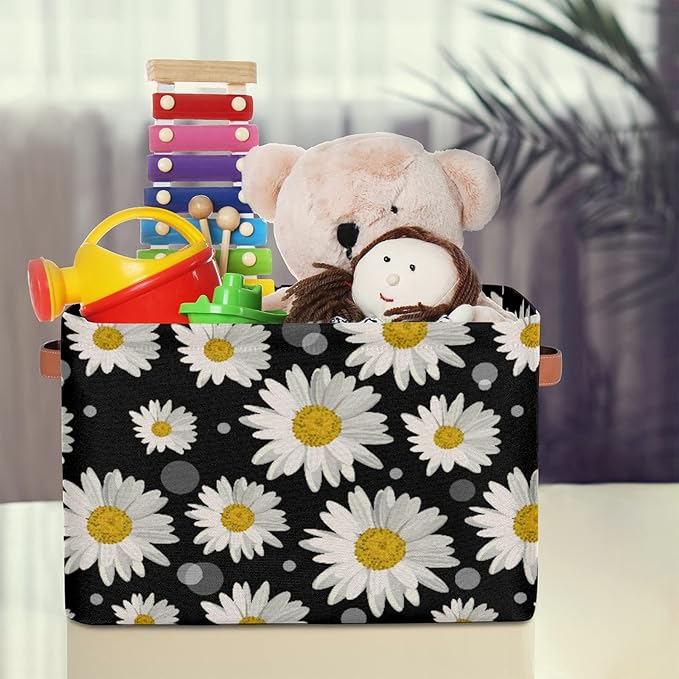 Pardick Daisy Storage Basket Bins Flower Floral Toys Books Clothes Canvas Storage Box Cubes Rectangular Collapsible with Handles for Bedroom Nursery Home Office Decor Organizer Basket
