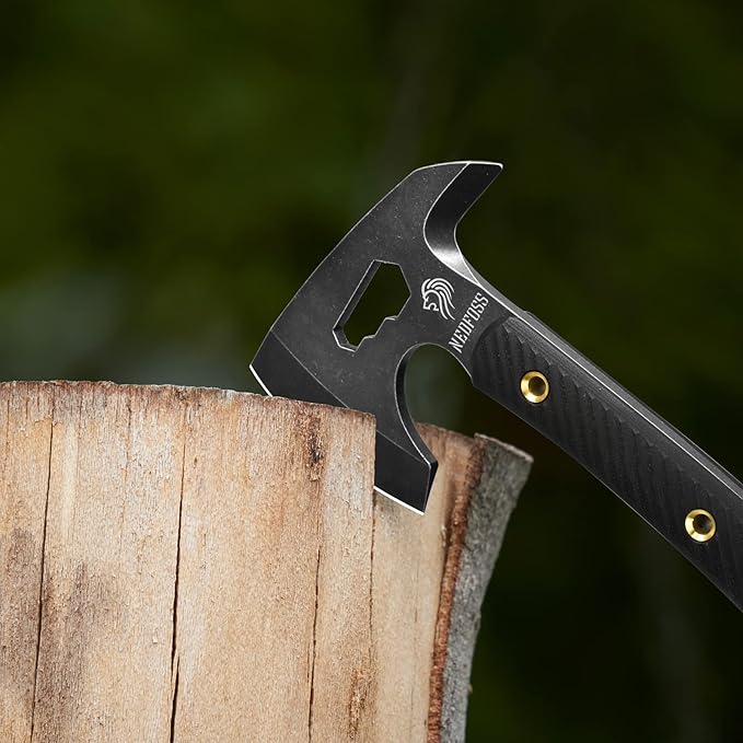 NedFoss Bison 9.8 Tactical Hatchet Axe Tomahawk Hatchet with Genuine Leather Sheath and G10 Handle Compact Camping Gear Bearded Axe Gifts for Men Multifunctional Survival Axe with Spike Tool